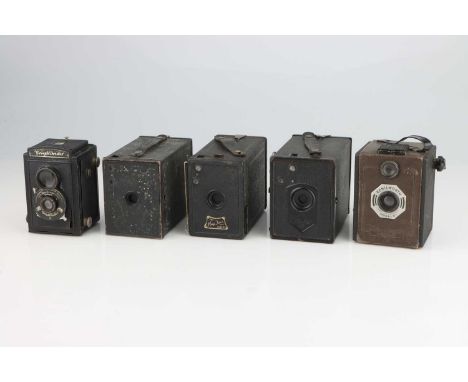 A Selection of Five Box Cameras,including a Kenilworth Model II, The May Fair Camera, an Agfa Box camera, a Kodak No 2 Browni