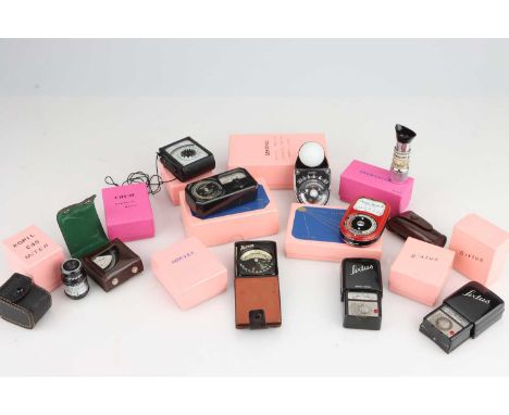 A Selection of Light Meters in Pink Presentation Boxes,including a Weston Master II in red (S141/736), a Weston Cine, an AVO 