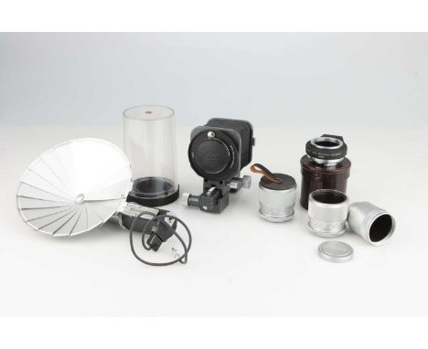 A Selection of Leica Accessories,including a Leica bellows unit, a Leicablitz flash head, two Leica helicoid adapters, a micr