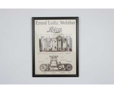An Ernst Leitz, Wetzlar Leica Poster,A4 in size, depicting an early Leica I in cutaway / cross section style, framed in a bla