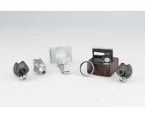 A Selection of Leica Viewfinders,incluidng a Leitz ADVOO attachment, a Leitz VIDOM, two Leitz VIOOH, and a Leitz RASUK Sports