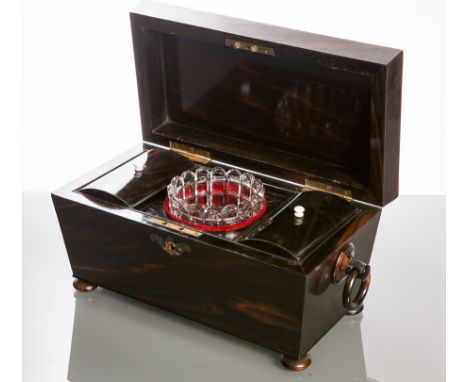 ATTRACTIVE VICTORIAN ROSEWOOD SARCOPHAGUS TEA CADDY
the hinged cover revealing a fitted interior with two lidded compartments