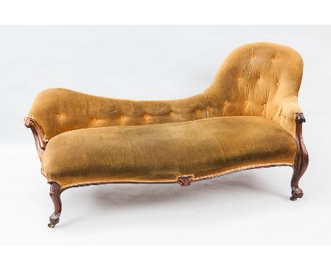 VICTORIAN MAHOGANY CHAISE LONGUE
with upholstered button back seat in gold dralon, moulded cabriole legs, 190cm long
