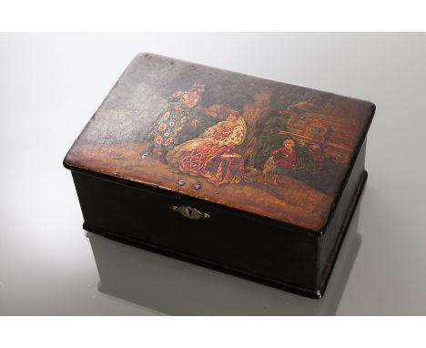 RUSSIAN LACQUERED OBLONG TRINKET BOX 
the hinged cover decorated with a courtly couple in a garden, young boy and dog in atte
