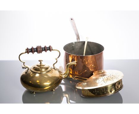 COPPER 8" COPPER COOKING POT BY PARKER
with steel handle also a Victorian brass tea kettle with turned wood handle, a brass l
