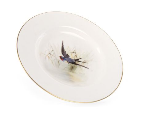 ROYAL WORCESTER CIRCULAR PLATE, painted with a Swallow in flight, by William Powell, signed, printed marks in puce, 15cm diam