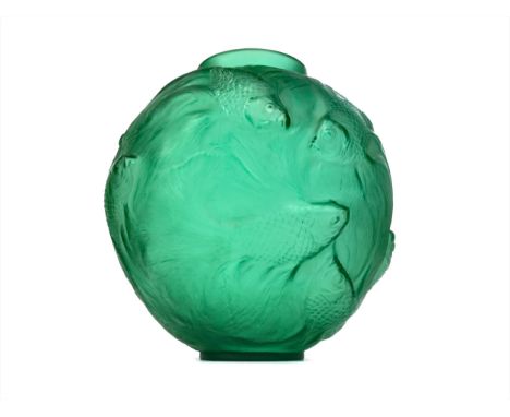 EARLY 20TH CENTURY RENE LALIQUE 'FORMOSE' GREEN GLASS VASE, of footed ovoid form, moulded with fish swimming in relief, etche