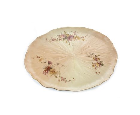 ROYAL WORCESTER OVAL TRAY, painted with flowers in colours on a cream ground, printed marks in puce, 49cm long, along with a 