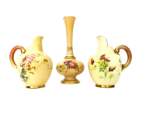 PAIR OF ROYAL WORCESTER BLUSH IVORY JUGS, both of ovoid form, painted with floral sprays, with gilded reeded handle, circular