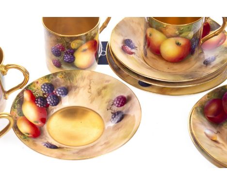 COMPOSITE SET OF SIX ROYAL WORCESTER HAND PAINTED COFFEE CUPS AND SAUCERS, comprising two cups painted by A. Suck, one cup an