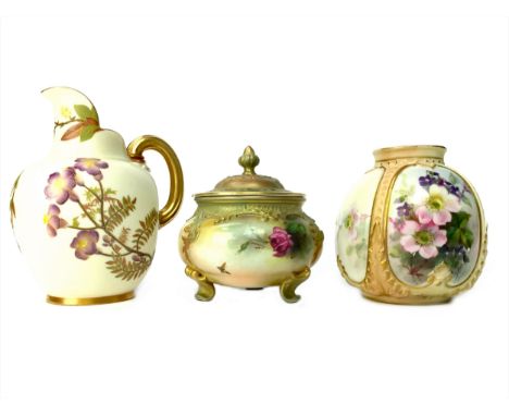 ROYAL WORCESTER POTPOURRI, of ovoid form, hand painted with panels of roses, the pierced cover with acorn finial, on three br