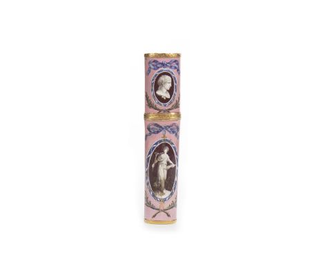 LATE 19TH PORCELAIN AND ENAMEL GLASSES CASE, painted with reserves of classical figures and busts, 12cm high