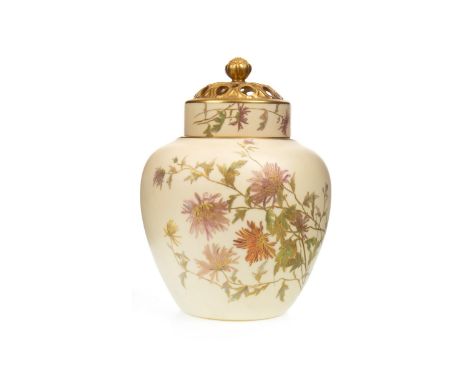ROYAL WORCESTER POT POURRI, with pierced cover, painted with flowers, printed marks in puce, 19cm high