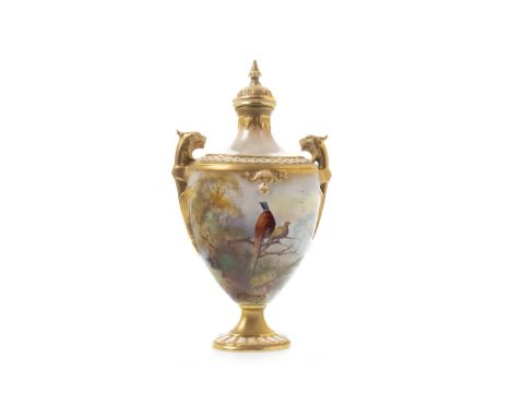 ROYAL WORCESTER VASE AND COVER, painted with pheasants perched on tree branches in landscape, by R Austin, signed, printed ma