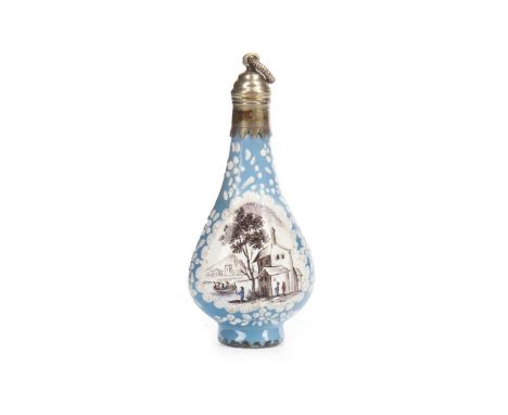 LATE 19TH CENTURY STAFFORDSHIRE PORCELAIN AND ENAMEL BOTTLE, in pale blue and white with reserves painted largely en grisaill