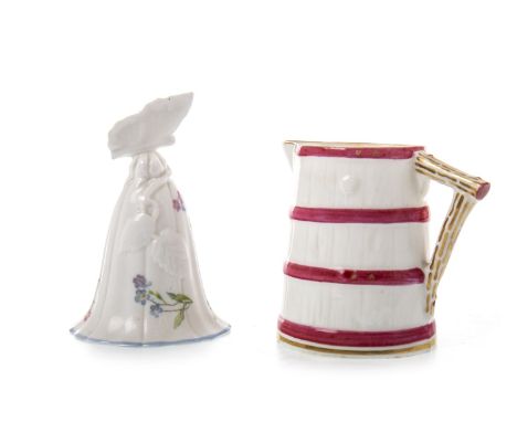 ROYAL WORCESTER BARREL-SHAPED CREAM JUG, printed marks in green, 6cm high, along with a 'Forget Me Not' candle snuffer (2)