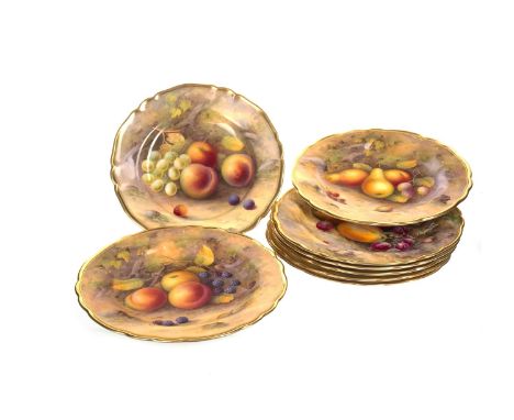 COMPOSITE SET OF EIGHT ROYAL WORCESTER HAND PAINTED DESSERT PLATES, four painted by H. Price, three by A. Shuck, and one by T