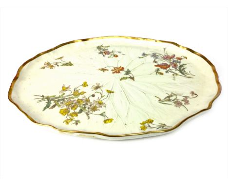 ROYAL WORCESTER OVAL TRAY, painted with flowers in colours on a cream ground, printed marks in puce, 48cm long
