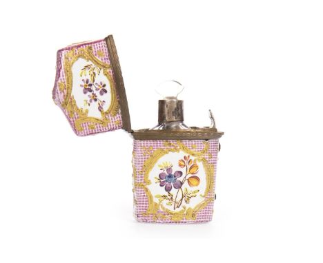 LATE 19TH CENTURY FLORAL PORCELAIN AND ENAMEL PAINTED CASED PERFUME BOTTLE, opening to reveal a perfume bottle, 6cm high