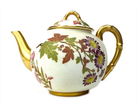 ROYAL WORCESTER AESTHETIC MOVEMENT TEAPOT, of bullet form, the body and cover painted with floral sprigs on a white ground, w