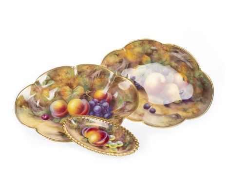PAIR OF ROYAL WORCESTER HAND PAINTED COMPORTS, of shaped eliptical form, hand painted with fruits by H. Price, within gilt bo