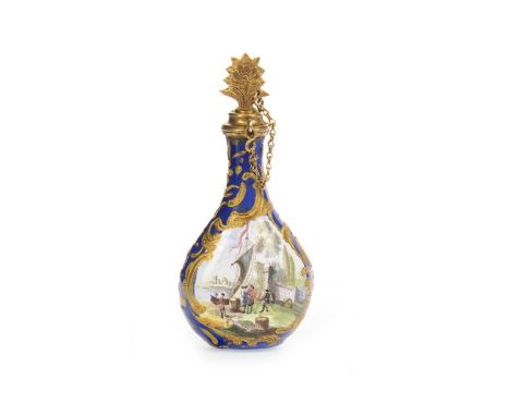 LATE 19TH CENTURY PORCELAIN AND ENAMEL PERFUME BOTTLE, painted with reserves of boats/sailing scenes and with florals, 9cm hi