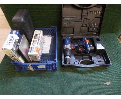 A box of cased Draper 18v electric drill, modeller's tool kit, 29 piece Draper tool kit etc