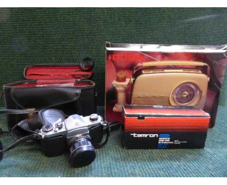 A box of Bush retro style radio, cased Pentax ASHAHI camera with lens,  a box Tamron Auto zoom lens 