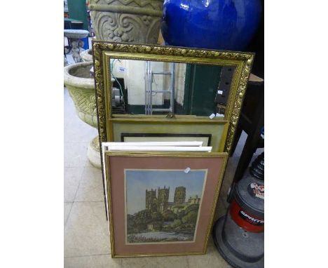 A gilt framed bevelled mirror together with a eight pictures, framed pencil drawing of Peter Gate York, oils on canvas, inclu
