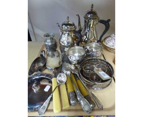A tray of four piece plated tea service, wine cooler, napkin rings, serving spoons, Norwegian pewter candle holder 