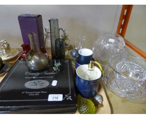 A tray of Caithness glass vase, Edinburgh Crystal cake plate, lead crystal vases, glass etc 