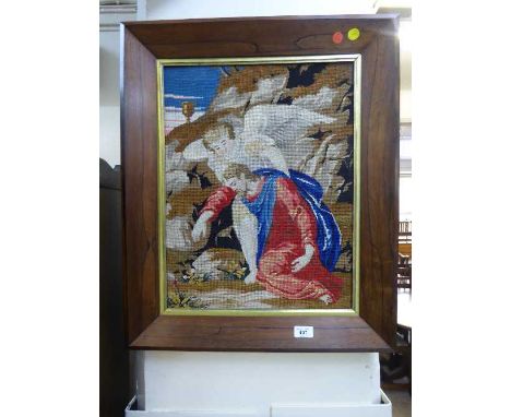 A rosewood framed tapestry of a religious scene 
