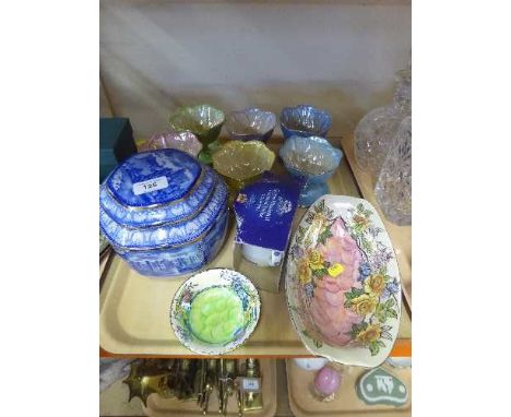 A tray of six Maling lustre sundae dishes, Maling shallow bowl and dish, Ringtons castle tea caddy, commemorative mug 