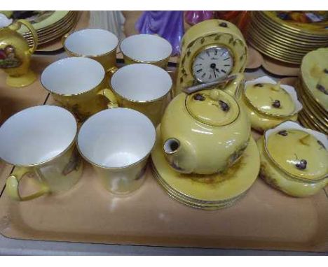 A tray of sixteen pieces of Aynsley Orchard Gold china including a thirteen piece tea service, two lidded pots and a mantle c