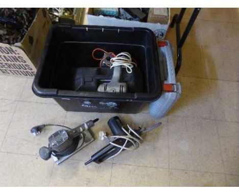 A box of power tools, skill sander, performance drill, compressor accessories etc 