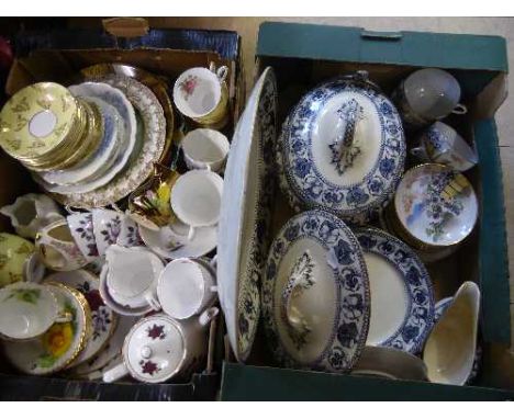 Two boxes of blue and white pansy dinner service, oriental china, Colclough china tea set etc