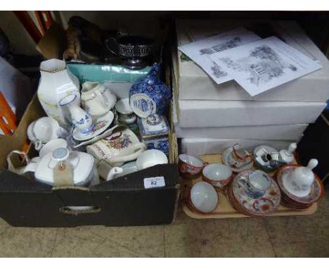 A box of German collector's plates, Royal Doulton tea china, Oriental china, Caithness vase, Ringtons caddy etc