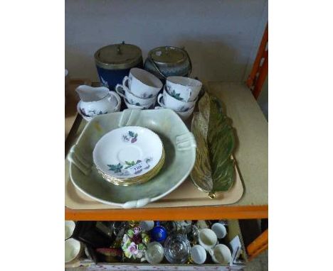 A tray of two Wedgwood Jasper ware lidded biscuit barrels, a Carlton leaf dish, Royal vale fourteen piece china tea service e