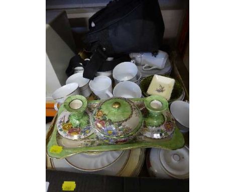 A box of tea china, together with Premier camera bag containing Sharp Viewcam, Maling Peony rose dressing table set 