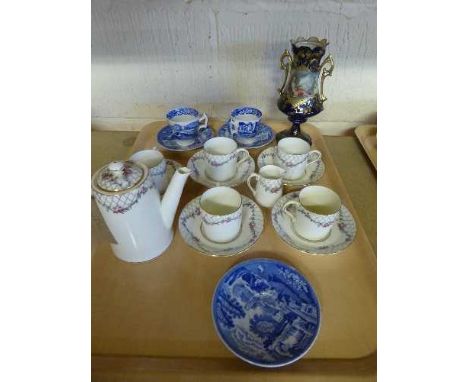 A tray of three Copeland Spode blue and white cups and saucers, Continental gilded vase together with a Paragon Rose Garden t