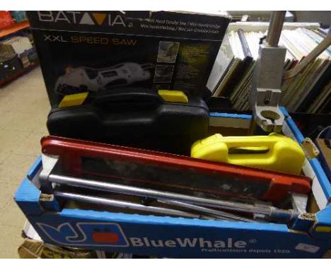 A box containing Batavia speed saw, Powercraft reciprocating saw, tile cutter, drill stand etc
