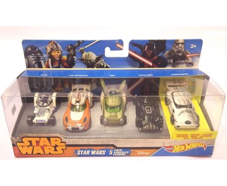 Hot Wheels Star Wars five vehicle set; R2D2, Luke Skywalker, Yoda, Darth Vader and exclusive edition Storm Trooper. P&P Group