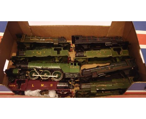 Sixteen Hornby O gauge tinplate wagons, three Bogie coaches, nine 4-4-2 type loco bodyshells and a part built kit the a Flyin