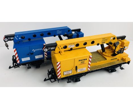 2x LGB G Gauge 'Matra' Crane Car Wagons - 1x Blue, 1x Yellow - Both Unboxed. P&amp;P Group 3 (£25+VAT for the first lot and £