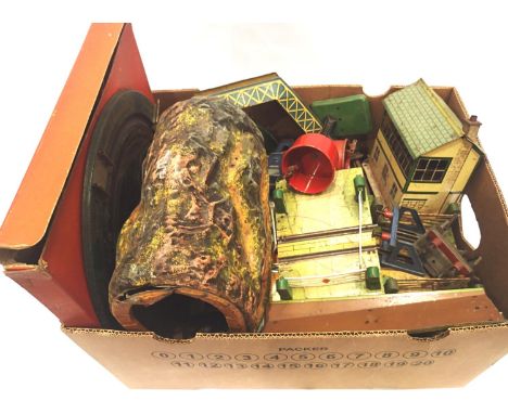 Hornby O gauge tinplate accessories including; engine shed, station, signal boxes, level crossings, tunnel, footbridge, buffe