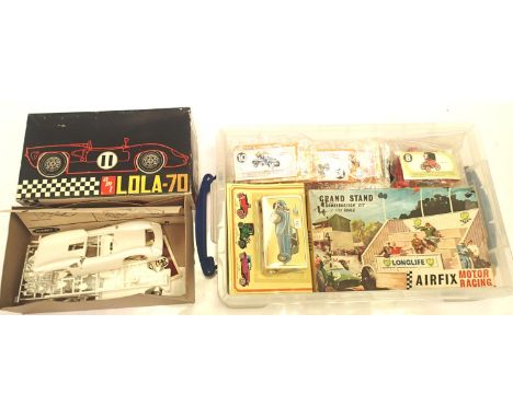 AMT 1/24 scale Lola 70 plastic kit, Airfix Timekeepers hut kit, grandstand kit and six jet petrol issue small scale vintage c