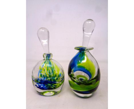 Two Jane Charles art glass bottles with stopper signed to base 