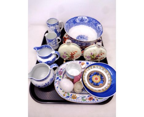 A tray containing antique and later ceramics to include Wedgwood, Saxon, Copeland Spode, Blue and White milk jugs, 19th centu