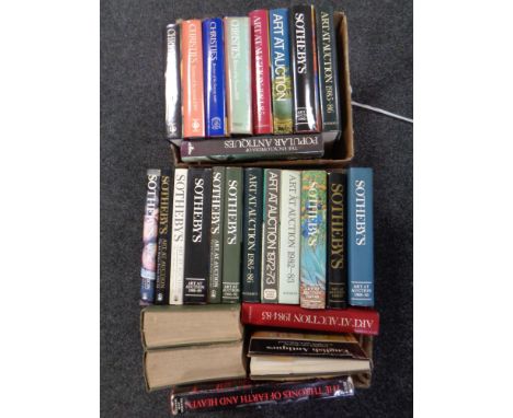 Two boxes of a quantity of Christies and Sothebys art auction catalogues together with further volumes relating to antiques  