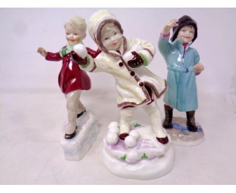 Three Royal Worcester winter figures : December (3458) January (3452) February (3453) Modelled by F. C. Doughty
